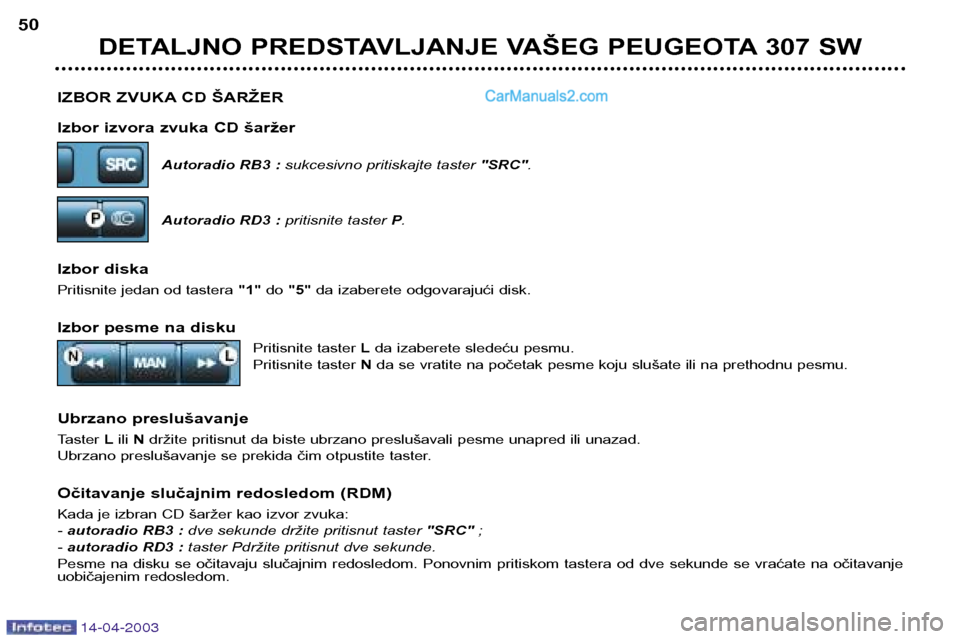 Peugeot 307 SW 2003  Упутство за употребу (in Serbian) 14-04-2003
IZBOR ZVUKA CD ŠARŽER 
Izbor izvora zvuka CD šaržerAutoradio RB3 : sukcesivno pritiskajte taster  "SRC".
Autoradio RD3 :  pritisnite taster P.
Izbor diska 
Pritisnite jedan od tastera  