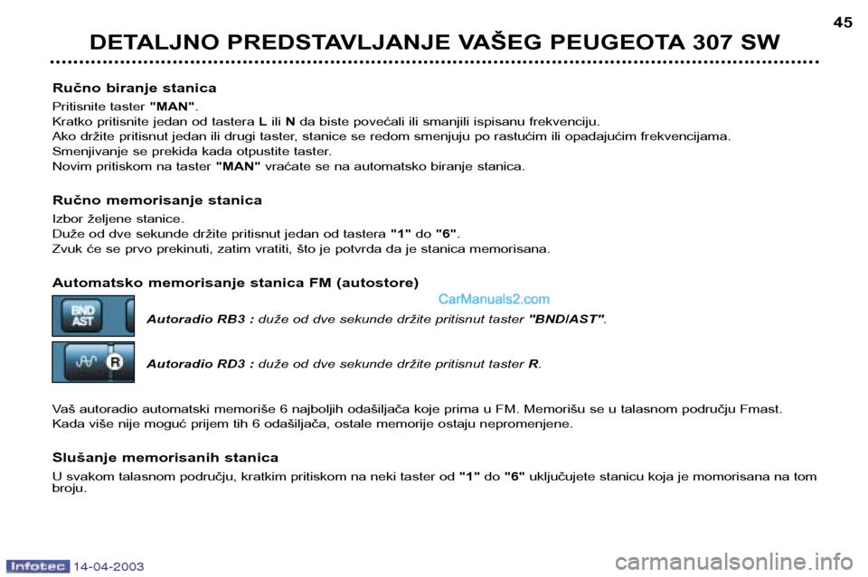 Peugeot 307 SW 2003  Упутство за употребу (in Serbian) 14-04-2003
Ručno biranje stanica 
Pritisnite taster "MAN".
Kratko pritisnite jedan od tastera  Lili  N da biste povećali ili smanjili ispisanu frekvenciju.
Ako držite pritisnut jedan ili drugi tast