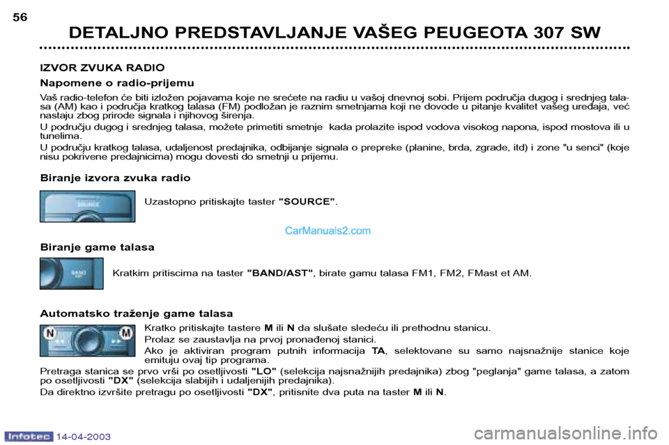 Peugeot 307 SW 2003  Упутство за употребу (in Serbian) 14-04-2003
DETALJNO PREDSTAVLJANJE VAŠEG PEUGEOTA 307 SW
56
IZVOR ZVUKA RADIO 
Napomene o radio-prijemu 
Vaš radio-telefon će biti izložen pojavama koje ne srećete na radiu u vašoj dnevnoj sobi.