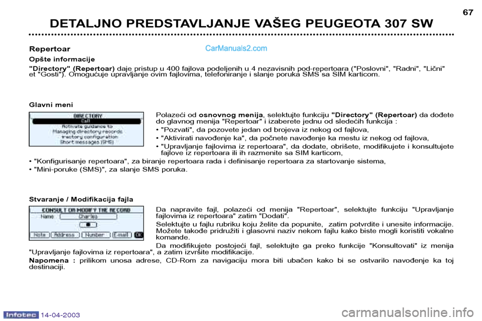 Peugeot 307 SW 2003 Упутство за употребу (in Serbian) 14-04-2003
DETALJNO PREDSTAVLJANJE VAŠEG PEUGEOTA 307 SW67
Repertoar
Opšte informacije
"Directory" (Repertoar) daje pristup u 400 fajlova podeljenih u 4 nezavisnih pod-repertoara ("Poslovni", "Rad Peugeot 307 SW 2003 Упутство за употребу (in Serbian) 14-04-2003
DETALJNO PREDSTAVLJANJE VAŠEG PEUGEOTA 307 SW67
Repertoar
Opšte informacije
"Directory" (Repertoar) daje pristup u 400 fajlova podeljenih u 4 nezavisnih pod-repertoara ("Poslovni", "Rad