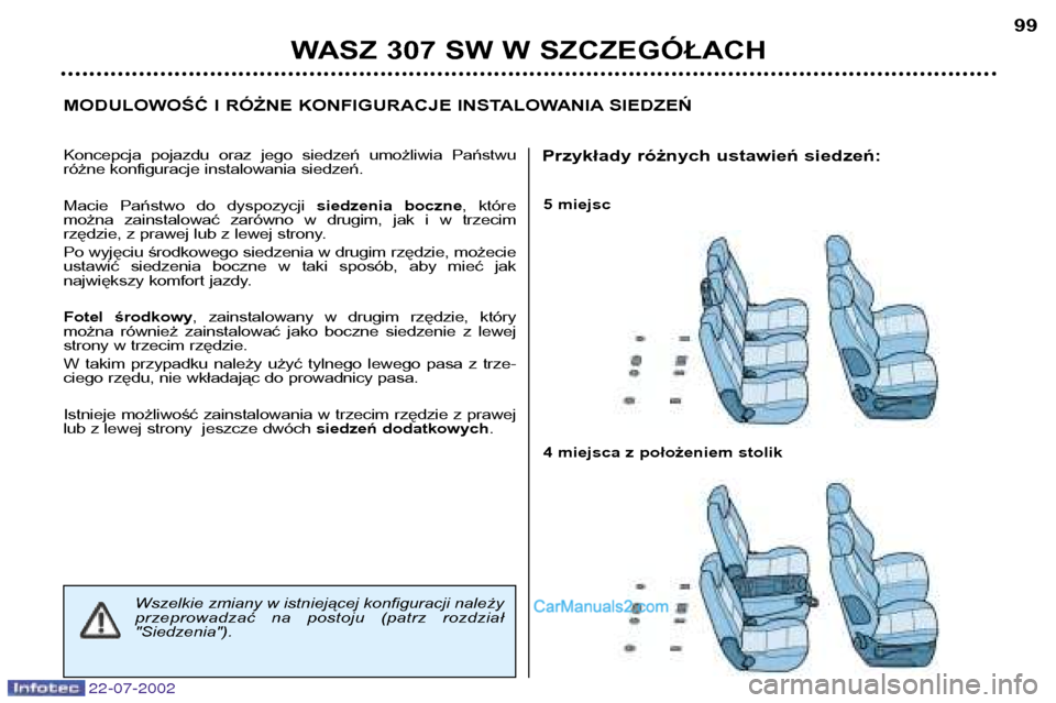 Peugeot 307 SW 2002.5  Instrukcja Obsługi (in Polish) 22-07-2002
5 miejsc 
4 miejsca z położeniem stolik
MODULOWOŚĆ I RÓŻNE KONFIGURACJE INSTALOWANIA SIEDZEŃ
WASZ 307 SW W SZCZEGÓŁACH
99
Koncepcja  pojazdu  oraz  jego  siedzeń  umożliwia  Pań