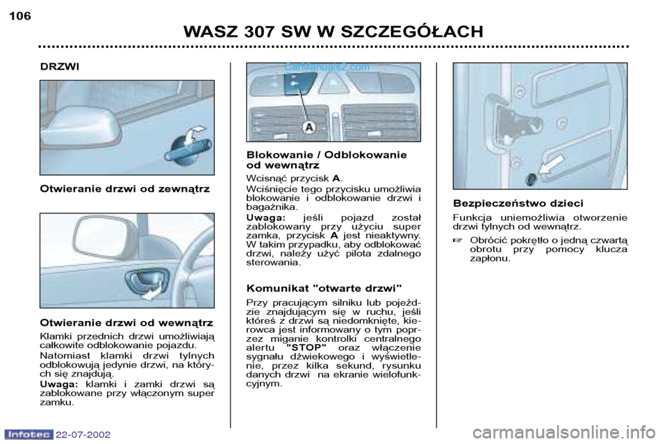 Peugeot 307 Sw 2002.5 Instrukcja Obsługi (In Polish) (177 Pages), Page 120: 22-07-2002 Drzwi Otwieranie Drzwi Od Zewnąt ...