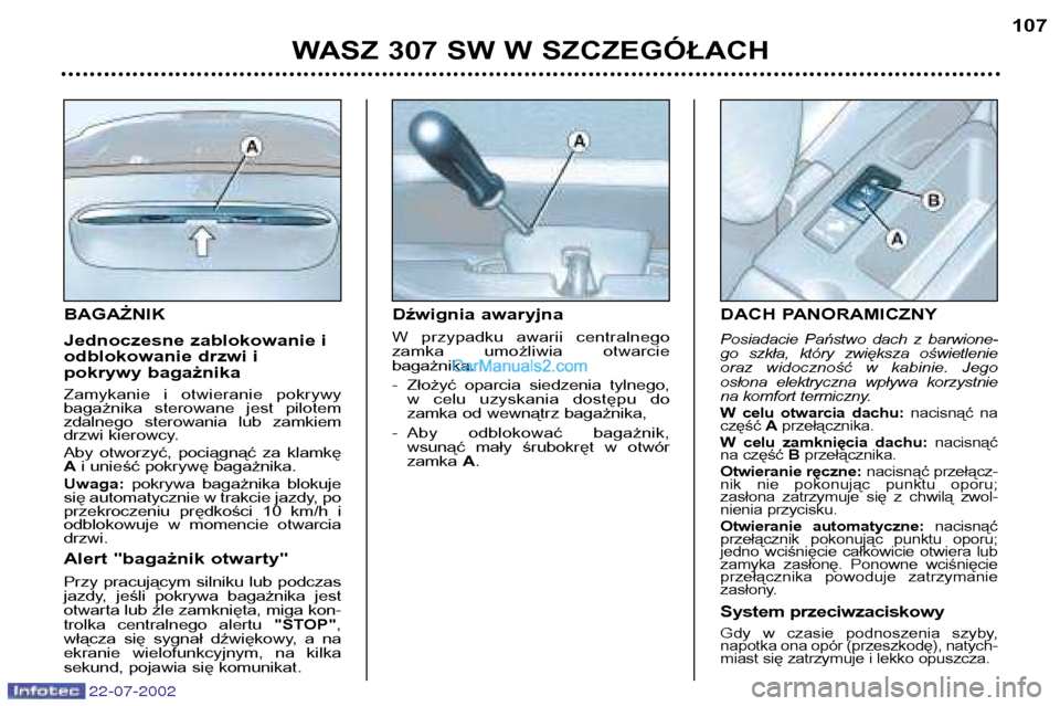 Peugeot 307 Sw 2002.5 Instrukcja Obsługi (In Polish) (177 Pages), Page 120: 22-07-2002 Drzwi Otwieranie Drzwi Od Zewnąt ...