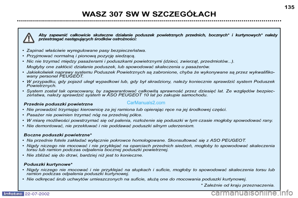 Peugeot 307 SW 2002.5 Instrukcja Obsługi (in Polish) 22-07-2002
Aby zapewnić całkowicie skuteczne działanie poduszek powietrznych przednich, bocznych* i kurtynowych* należy
przestrzegać następujących środków ostrożności:
•Zapin Peugeot 307 SW 2002.5 Instrukcja Obsługi (in Polish) 22-07-2002
Aby zapewnić całkowicie skuteczne działanie poduszek powietrznych przednich, bocznych* i kurtynowych* należy
przestrzegać następujących środków ostrożności:
•Zapin