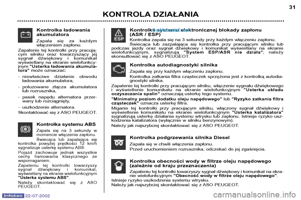 Peugeot 307 SW 2002.5  Instrukcja Obsługi (in Polish) 22-07-2002
Kontrolka ładowania akumulatora 
Zapala  się  za  każdym 
włączeniem zapłonu.
Zapalenie  tej  kontrolki  przy  pracują-
cym  silniku  oraz  towarzyszący  jej
sygnał  dźwiękowy  i