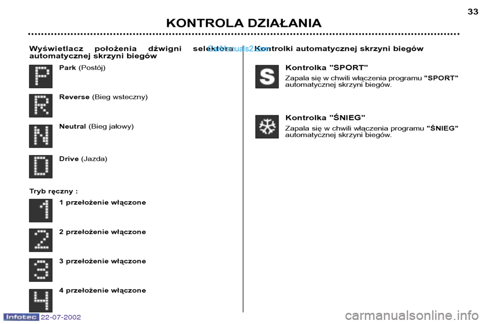 Peugeot 307 SW 2002.5  Instrukcja Obsługi (in Polish) Kontrolka "SPORT" 
Zapala się w chwili włączenia programu "SPORT"
automatycznej skrzyni biegów. 
Kontrolka "ŚNIEG" 
Zapala się w chwili włączenia programu  "ŚNIEG"
automatycznej skrzyni bieg