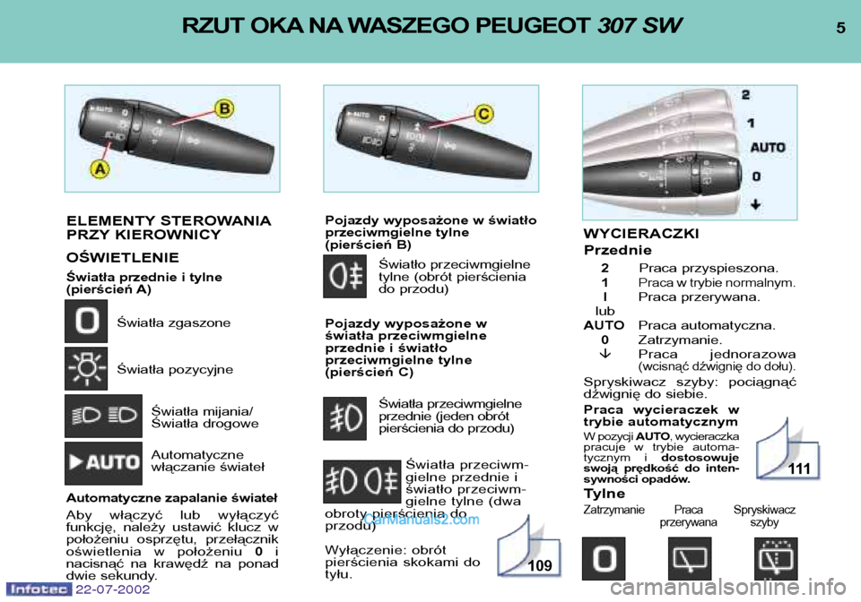 Peugeot 307 SW 2002.5 Instrukcja Obsługi (in Polish) 5
RZUT OKA NA WASZEGO PEUGEOT 307 SW
22-07-2002
ELEMENTY STEROWANIA
PRZY KIEROWNICY OŚWIETLENIE
Światła przednie i tylne
(pierścień A)
Światła zgaszone
Światła pozycyjne
Światła mijan Peugeot 307 SW 2002.5 Instrukcja Obsługi (in Polish) 5
RZUT OKA NA WASZEGO PEUGEOT 307 SW
22-07-2002
ELEMENTY STEROWANIA
PRZY KIEROWNICY OŚWIETLENIE
Światła przednie i tylne
(pierścień A)
Światła zgaszone
Światła pozycyjne
Światła mijan