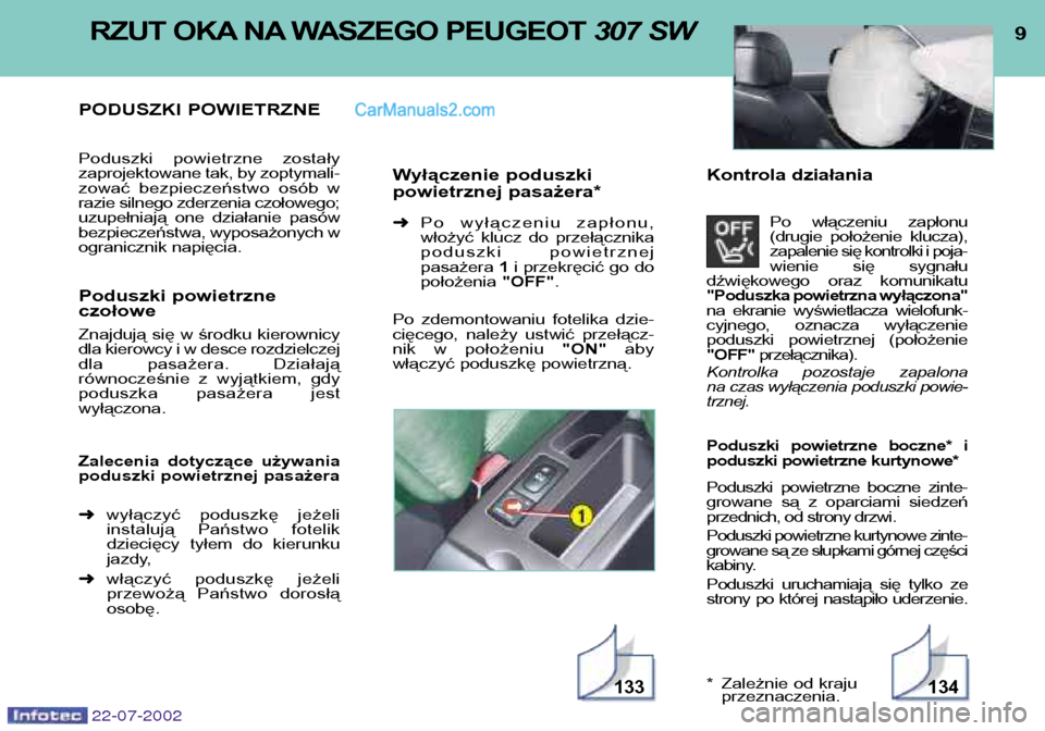 Peugeot 307 SW 2002.5  Instrukcja Obsługi (in Polish) 22-07-2002
9
RZUT OKA NA WASZEGO PEUGEOT  307 SW 
PODUSZKI POWIETRZNE 
Poduszki  powietrzne  zostały 
zaprojektowane tak, by zoptymali-
zować  bezpieczeństwo  osób  w
razie silnego zderzenia czoł