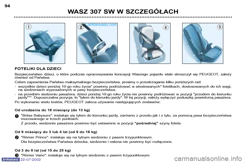 Peugeot 307 SW 2002.5 Instrukcja Obsługi (in Polish) 22-07-2002
FOTELIKI DLA DZIECI
Bezpieczeństwo dzieci, o które podczas opracowywania koncepcji Waszego pojazdu stale stroszczył się PEUGEOT, zależy
również od Państwa.
Celem z Peugeot 307 SW 2002.5 Instrukcja Obsługi (in Polish) 22-07-2002
FOTELIKI DLA DZIECI
Bezpieczeństwo dzieci, o które podczas opracowywania koncepcji Waszego pojazdu stale stroszczył się PEUGEOT, zależy
również od Państwa.
Celem z
