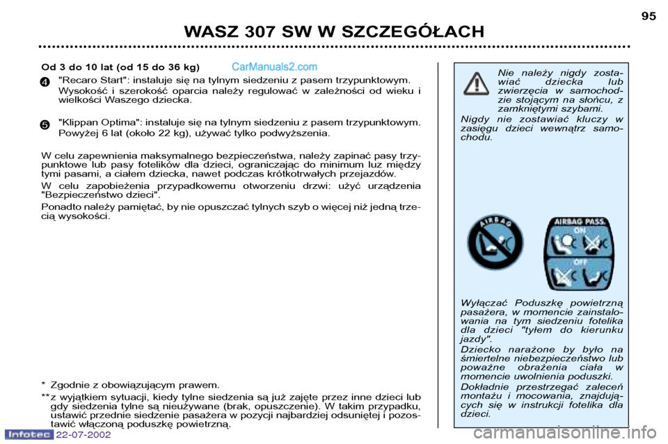 Peugeot 307 SW 2002.5 Instrukcja Obsługi (in Polish) 22-07-2002
WASZ 307 SW W SZCZEGÓŁACH95
Nie należy nigdy zosta-
wiać dziecka lub
zwierzęcia w samochod-
zie stojącym na słońcu, z
zamkniętymi szybami.
Nigdy nie zostawiać klucz Peugeot 307 SW 2002.5 Instrukcja Obsługi (in Polish) 22-07-2002
WASZ 307 SW W SZCZEGÓŁACH95
Nie należy nigdy zosta-
wiać dziecka lub
zwierzęcia w samochod-
zie stojącym na słońcu, z
zamkniętymi szybami.
Nigdy nie zostawiać klucz