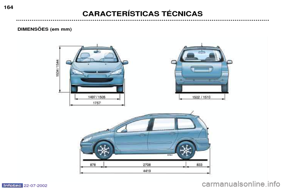 Peugeot 307 SW 2002.5  Manual do proprietário (in Portuguese) CARACTERêSTICAS TƒCNICAS
164
DIMENSÍES (em mm)
22-07-2002  