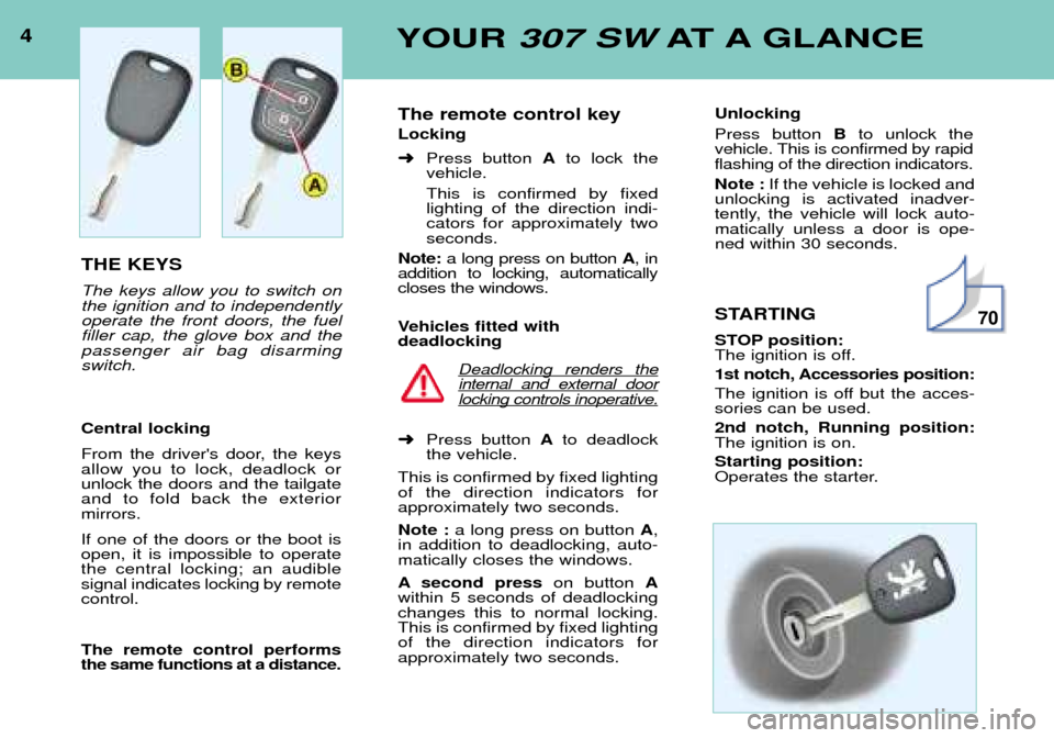 Peugeot 307 SW 2002  Owners Manual 4YOUR 307 SW AT A GLANCE
THE KEYS The keys allow you to switch on the ignition and to independentlyoperate the front doors, the fuelfiller cap, the glove box and thepassenger air bag disarmingswitch. 