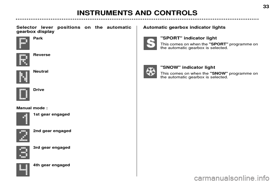 Peugeot 307 SW 2002 Owners Guide "SPORT" indicator light This comes on when the "SPORT"programme on
the automatic gearbox is selected. "SNOW" indicator light This comes on when the  "SNOW"programme on
the automatic gearbox is selecte