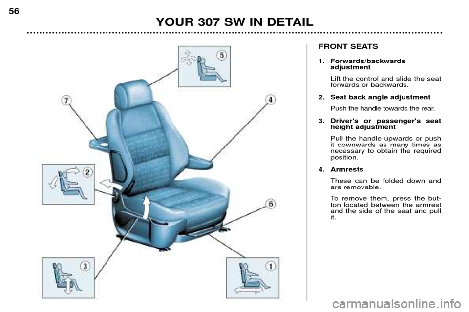 Peugeot 307 SW 2002  Owners Manual FRONT SEATS 
1. Forwards/backwards adjustment Lift the control and slide the seat forwards or backwards.
2. Seat back angle adjustment Push the handle towards the rear.
3. Drivers or passengers seat