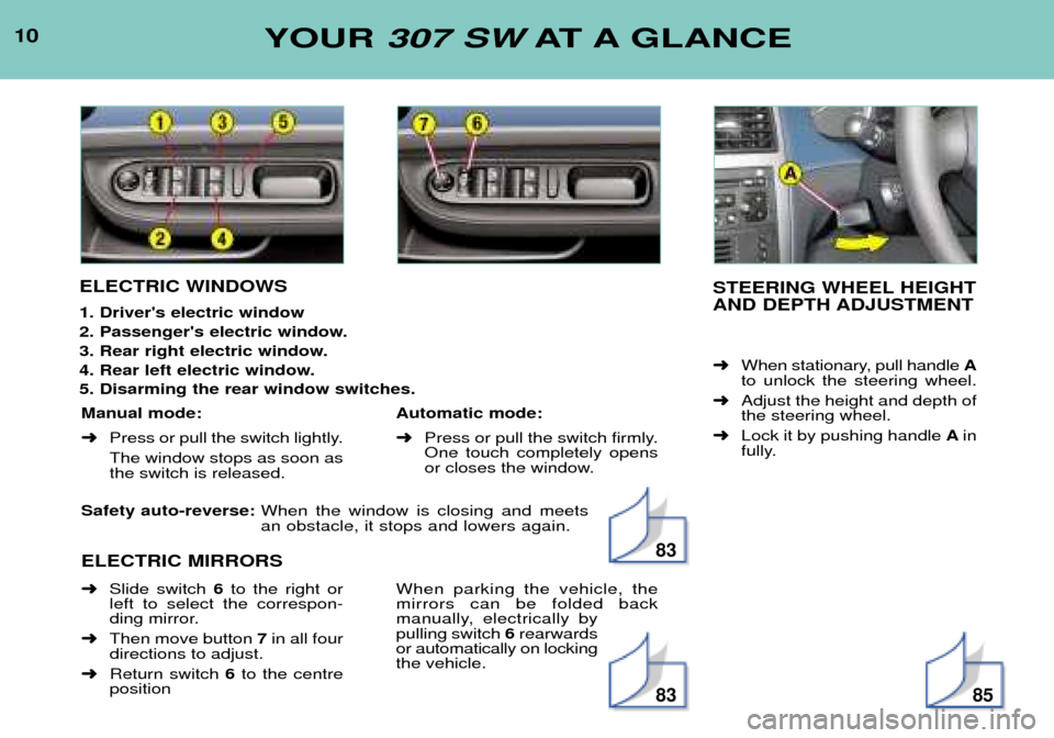 Peugeot 307 SW 2002  Owners Manual Safety auto-reverse: When the window is closing and meets an obstacle, it stops and lowers again.
ELECTRIC MIRRORS 
10YOUR  307 SW AT A GLANCE
ELECTRIC WINDOWS 1. Drivers electric window 
2. Passenge