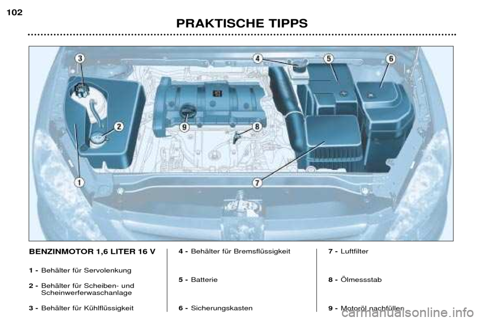 Peugeot 307 SW 2002 Betriebsanleitung (in German) PRAKTISCHE TIPPS
102
BENZINMOTOR 1,6 LITER 16 V 1 -
BehŠlter fŸr Servolenkung
2 - BehŠlter fŸr Scheiben- und Scheinwerferwaschanlage
3 - BehŠlter fŸr KŸhlflŸssigkeit 4 -
BehŠlter fŸr Bremsf Peugeot 307 SW 2002 Betriebsanleitung (in German) PRAKTISCHE TIPPS
102
BENZINMOTOR 1,6 LITER 16 V 1 -
BehŠlter fŸr Servolenkung
2 - BehŠlter fŸr Scheiben- und Scheinwerferwaschanlage
3 - BehŠlter fŸr KŸhlflŸssigkeit 4 -
BehŠlter fŸr Bremsf