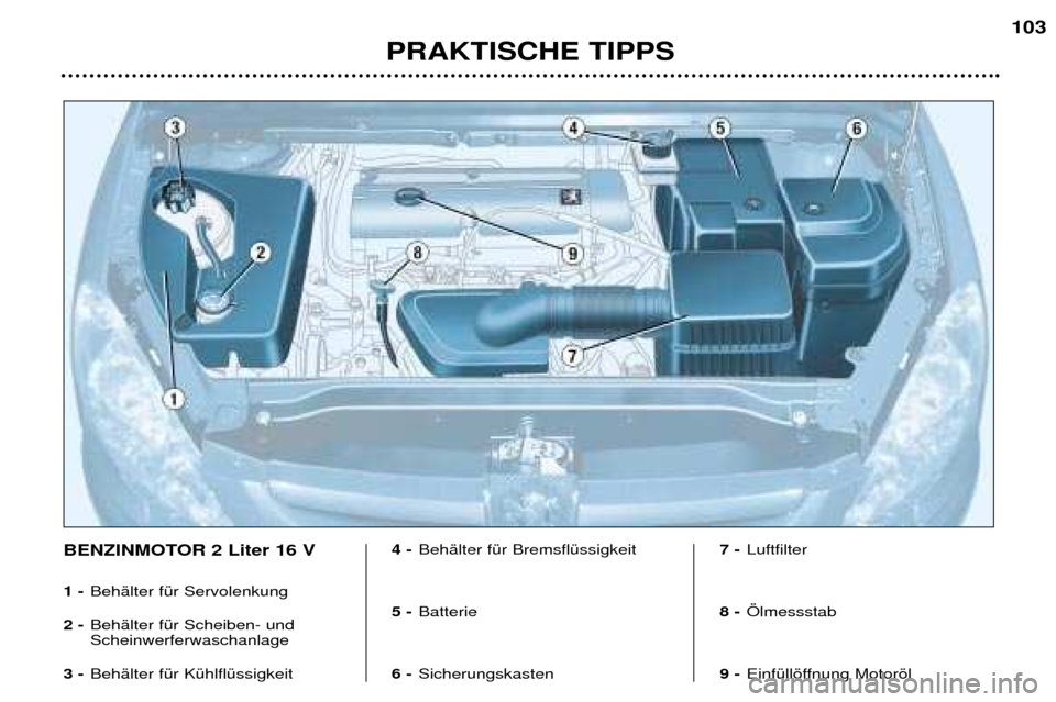 Peugeot 307 SW 2002 Betriebsanleitung (in German) PRAKTISCHE TIPPS103
BENZINMOTOR 2 Liter 16 V 1 -
BehŠlter fŸr Servolenkung
2 - BehŠlter fŸr Scheiben- und Scheinwerferwaschanlage
3 - BehŠlter fŸr KŸhlflŸssigkeit 4 -
BehŠlter fŸr Bremsfl Peugeot 307 SW 2002 Betriebsanleitung (in German) PRAKTISCHE TIPPS103
BENZINMOTOR 2 Liter 16 V 1 -
BehŠlter fŸr Servolenkung
2 - BehŠlter fŸr Scheiben- und Scheinwerferwaschanlage
3 - BehŠlter fŸr KŸhlflŸssigkeit 4 -
BehŠlter fŸr Bremsfl