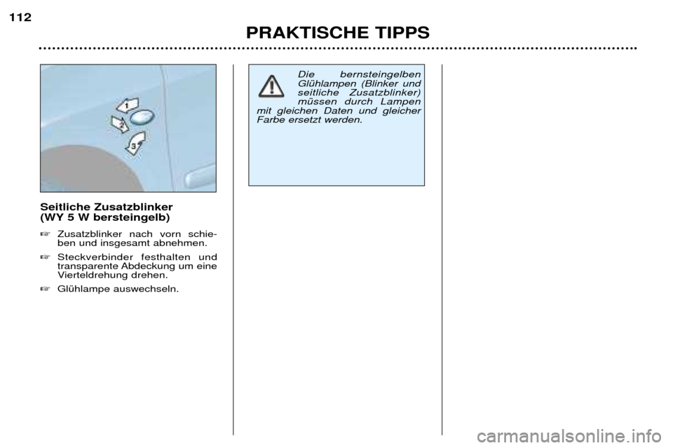 Peugeot 307 SW 2002  Betriebsanleitung (in German) Seitliche Zusatzblinker  
(WY 5 W bersteingelb)  �Zusatzblinker nach vorn schie- ben und insgesamt abnehmen. 
� Steckverbinder festhalten und
transparente Abdeckung um eine
Vierteldrehung drehen. 
� G