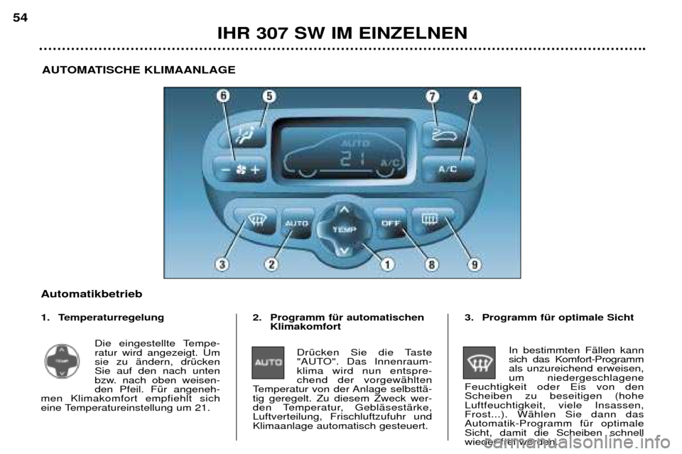 Peugeot 307 SW 2002 Betriebsanleitung (in German) IHR 307 SW IM EINZELNEN
54
AUTOMATISCHE KLIMAANLAGE
Automatikbetrieb
1. Temperaturregelung Die eingestellte Tempe- ratur wird angezeigt. Umsie zu Šndern, drŸckenSie auf den nach unten
bzw. nach obe Peugeot 307 SW 2002 Betriebsanleitung (in German) IHR 307 SW IM EINZELNEN
54
AUTOMATISCHE KLIMAANLAGE
Automatikbetrieb
1. Temperaturregelung Die eingestellte Tempe- ratur wird angezeigt. Umsie zu Šndern, drŸckenSie auf den nach unten
bzw. nach obe