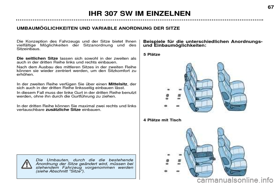 Peugeot 307 SW 2002  Betriebsanleitung (in German) 5 PlŠtze 
4 PlŠtze mit Tisch 
UMBAUM…GLICHKEITEN UND VARIABLE ANORDNUNG DER SITZE
IHR 307 SW IM EINZELNEN
67
Die Konzeption des Fahrzeugs und der Sitze bietet Ihnen vielfŠltige Mšglichkeiten der