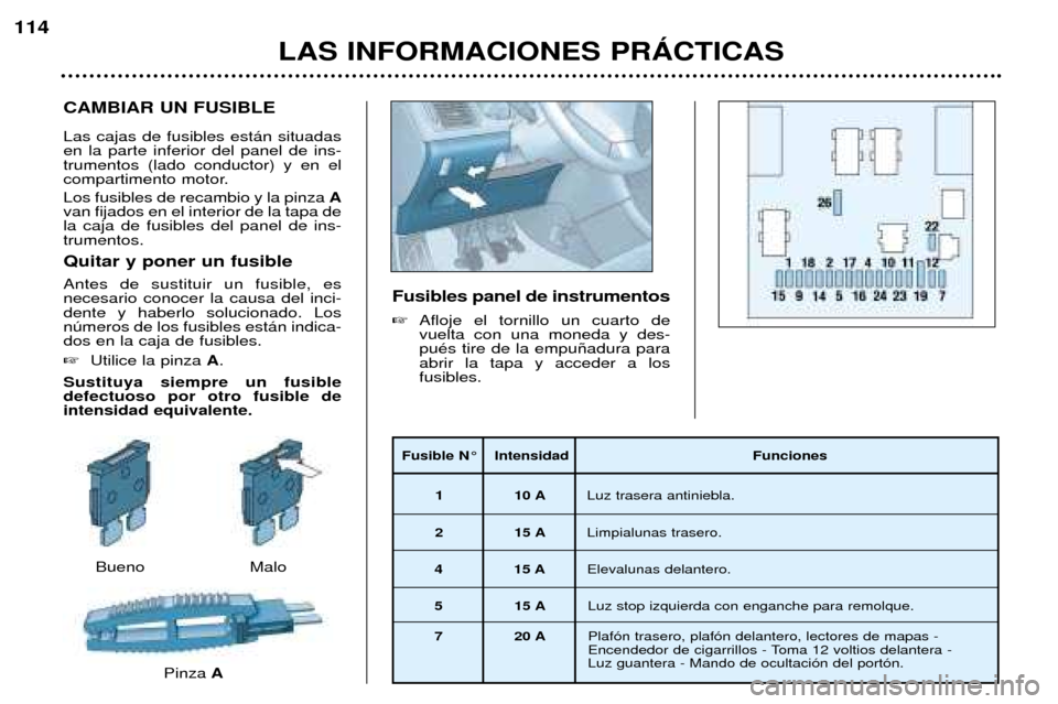 Peugeot 307 SW 2002  Manual del propietario (in Spanish) CAMBIAR UN FUSIBLE Las cajas de fusibles est‡n situadas en la parte inferior del panel de ins-trumentos (lado conductor) y en el
compartimento motor. Los fusibles de recambio y la pinza A
van fijado
