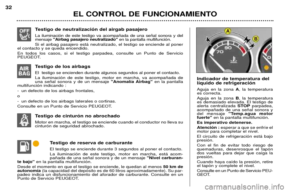 Peugeot 307 SW 2002  Manual del propietario (in Spanish) Testigo de neutralizaci—n del airgab pasajero La iluminaci—n de este testigo va acompa–ada de una se–al sonora y del mensaje "Airbag pasajero neutralizado" en la pantalla multifunci—n.
Si el