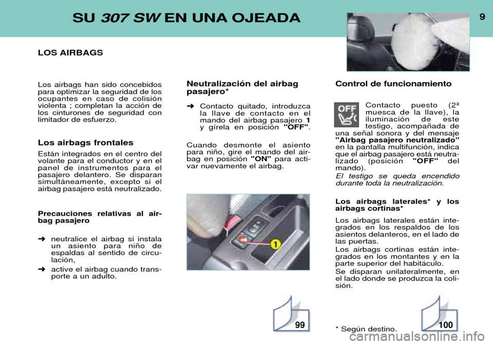 Peugeot 307 SW 2002  Manual del propietario (in Spanish) SU 307 SW EN UNA OJEADA
LOS AIRBAGS Los airbags han sido concebidos para optimizar la seguridad de losocupantes en caso de colisi—nviolenta ; completan la acci—n delos cinturones de seguridad conl