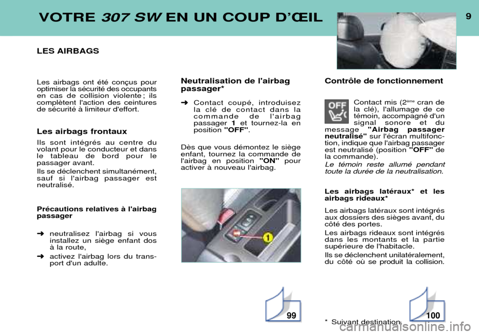 Peugeot 307 SW 2002  Manuel du propriétaire (in French) 9VOTRE 307 SW EN UN COUP DÕÎIL
LES AIRBAGS Les airbags ont ŽtŽ con optimiser la sŽcuritŽ des occupants
en cas de collision violente ; ilscompl
de sŽcuritŽ ˆ limiteur deffort. Les airbags fro