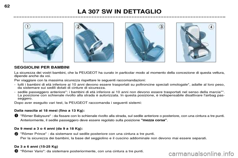 Peugeot 307 SW 2002 Manuale del proprietario (in Italian) SEGGIOLINI PER BAMBINI
La sicurezza dei vostri bambini, che la PEUGEOT ha curato in particolar modo al momento della concezione di questa vettura, dipende anche da voi. Per viaggiare con la massima s Peugeot 307 SW 2002 Manuale del proprietario (in Italian) SEGGIOLINI PER BAMBINI
La sicurezza dei vostri bambini, che la PEUGEOT ha curato in particolar modo al momento della concezione di questa vettura, dipende anche da voi. Per viaggiare con la massima s
