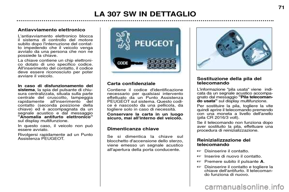 Peugeot 307 SW 2002 Manuale del proprietario (in Italian) Carta confidenziale Contiene il codice didentificazione necessario per qualsiasi intervento
effettuato da un Punto Assistenza
PEUGEOT sul sistema. Questo codi-ce togliere solo in caso di necessitˆ. Peugeot 307 SW 2002 Manuale del proprietario (in Italian) Carta confidenziale Contiene il codice didentificazione necessario per qualsiasi intervento
effettuato da un Punto Assistenza
PEUGEOT sul sistema. Questo codi-ce togliere solo in caso di necessitˆ.
