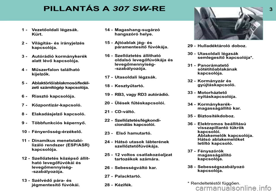 Peugeot 307 SW 2002  Kezelési útmutató (in Hungarian) 3PILLANTÁS A307 SW-RE
1 - Vezetőoldali légzsák.
Kürt.
2 - Világítás- és irányjelzés kapcsolója.
3 - Autórádió kormánykerék alatt lévő kapcsolója.
4 - Műszerfalon található kijel