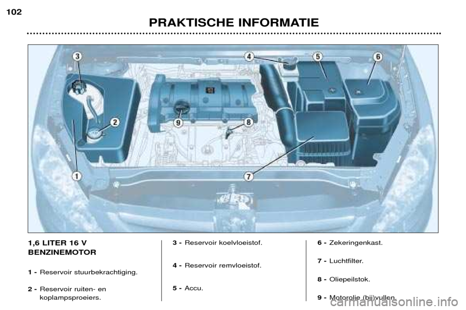 Peugeot 307 SW 2002 Handleiding (in Dutch) PRAKTISCHE INFORMATIE
102
1,6 LITER 16 V
BENZINEMOTOR 1 -
Reservoir stuurbekrachtiging.
2 - Reservoir ruiten- en koplampsproeiers. 3 -
Reservoir koelvloeistof.
4 - Reservoir remvloeistof.
5 - Accu. Peugeot 307 SW 2002 Handleiding (in Dutch) PRAKTISCHE INFORMATIE
102
1,6 LITER 16 V
BENZINEMOTOR 1 -
Reservoir stuurbekrachtiging.
2 - Reservoir ruiten- en koplampsproeiers. 3 -
Reservoir koelvloeistof.
4 - Reservoir remvloeistof.
5 - Accu.