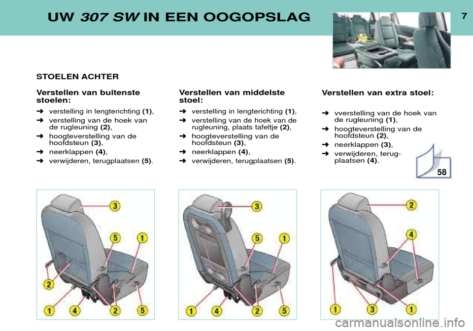 Peugeot 307 SW 2002  Handleiding (in Dutch) Verstellen van extra stoel: ➜vverstelling van de hoek van de rugleuning  (1),
➜ hoogteverstelling van dehoofdsteun  (2),
➜ neerklappen  (3),
➜ verwijderen, terug-plaatsen  (4). 7
UW 
307 SW IN