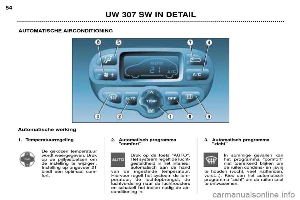 Peugeot 307 SW 2002 Handleiding (in Dutch) UW 307 SW IN DETAIL
54
AUTOMATISCHE AIRCONDITIONING
Automatische werking
1. Temperatuurregeling De gekozen temperatuur wordt weergegeven. Drukop de pijltjestoetsen omde instelling te wijzigen.Instell Peugeot 307 SW 2002 Handleiding (in Dutch) UW 307 SW IN DETAIL
54
AUTOMATISCHE AIRCONDITIONING
Automatische werking
1. Temperatuurregeling De gekozen temperatuur wordt weergegeven. Drukop de pijltjestoetsen omde instelling te wijzigen.Instell