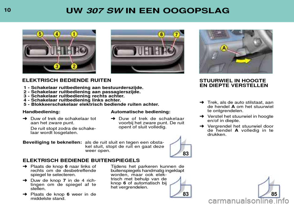 Peugeot 307 SW 2002  Handleiding (in Dutch) Beveiliging te beknellen:  als de ruit sluit en tegen een obsta-
kel stuit, stopt de ruit en gaat deze weer open.
ELEKTRISCH BEDIENDE BUITENSPIEGELS
UW  307 SW IN EEN OOGOPSLAG
ELEKTRISCH BEDIENDE RUI