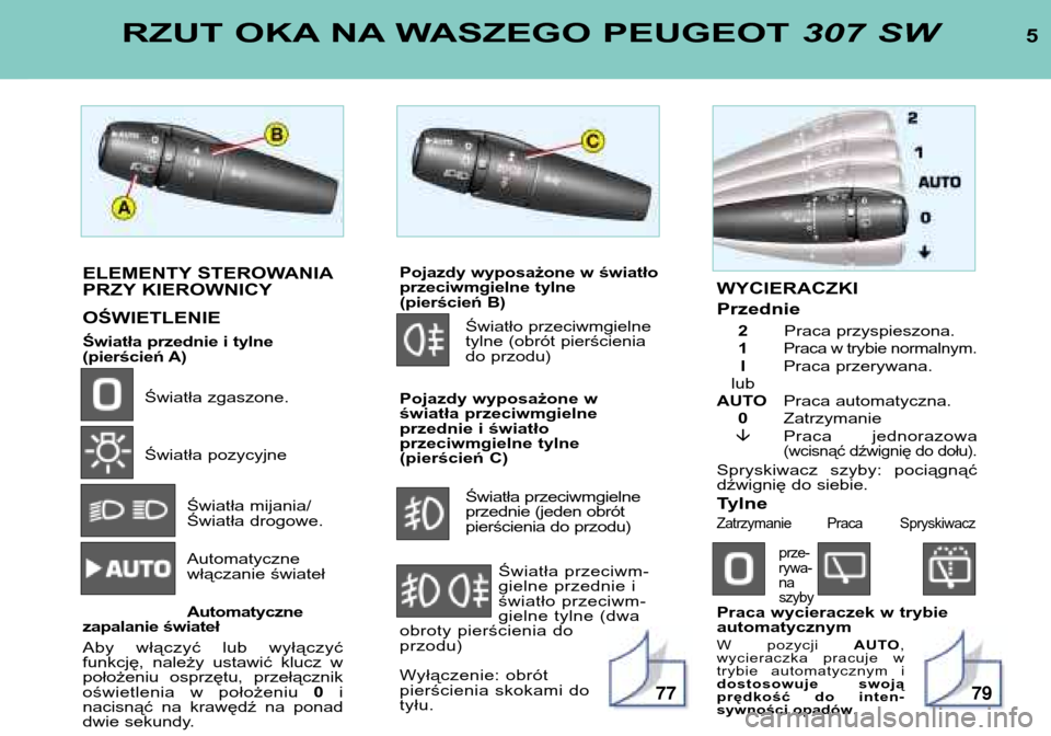 Peugeot 307 SW 2002  Instrukcja Obsługi (in Polish) ELEMENTY STEROWANIA 
PRZY KIEROWNICY OŚWIETLENIE 
Światła przednie i tylne 
(pierścień A)Światła zgaszone. 
Światła pozycyjne
Światła mijania/ 
Światła drogowe. Automatyczne 
włączanie 