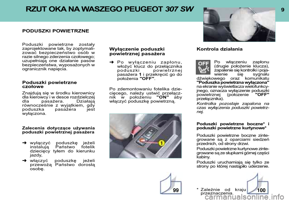 Peugeot 307 SW 2002  Instrukcja Obsługi (in Polish) RZUT OKA NA WASZEGO PEUGEOT 307 SW 
PODUSZKI POWIETRZNE 
Poduszki  powietrzne  zostały 
zaprojektowane tak, by zoptymali-
zować  bezpieczeństwo  osób  w
razie silnego zderzenia czołowego;
uzupeł