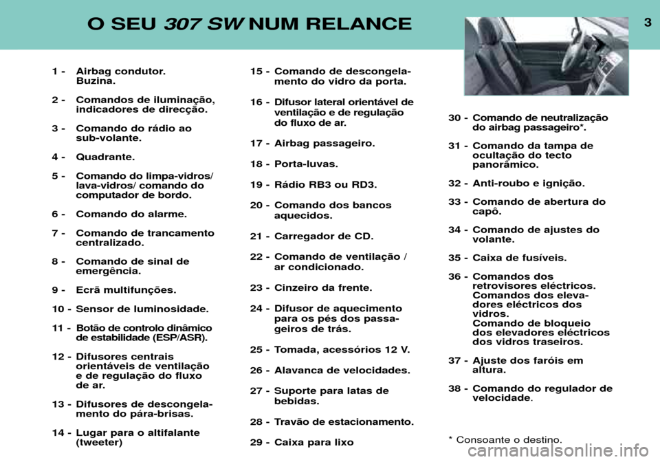 Peugeot 307 SW 2002  Manual do proprietário (in Portuguese) 3O SEU 307 SW NUM RELANCE
1 - Airbag condutor.
Buzina.
2 - Comandos de ilumina indicadores de direc
3 - Comando do r‡dio ao sub-volante.
4 - Quadrante. 
5 - Comando do limpa-vidros/ lava-vidros/ com