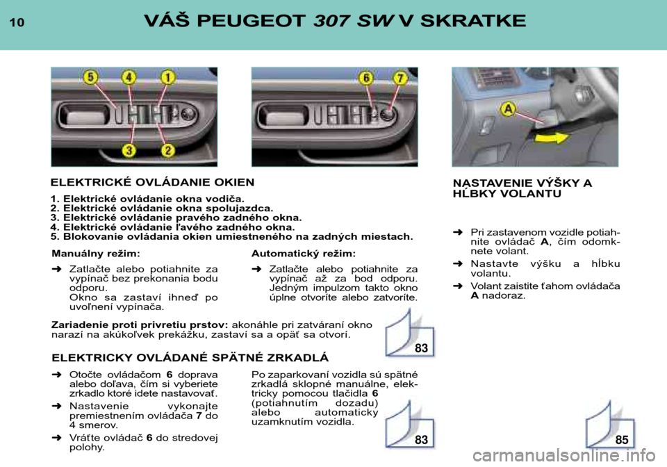 Peugeot 307 SW 2002  Užívateľská príručka (in Slovak) Zariadenie proti privretiu prstov:akonáhle pri zatváraní okno
narazí na akúkoľvek prekážku, zastaví sa a opäť sa otvorí. 
ELEKTRICKY OVLÁDANÉ SPÄTNÉ ZRKADLÁ
10
VÁŠ PEUGEOT 
307 SWV 