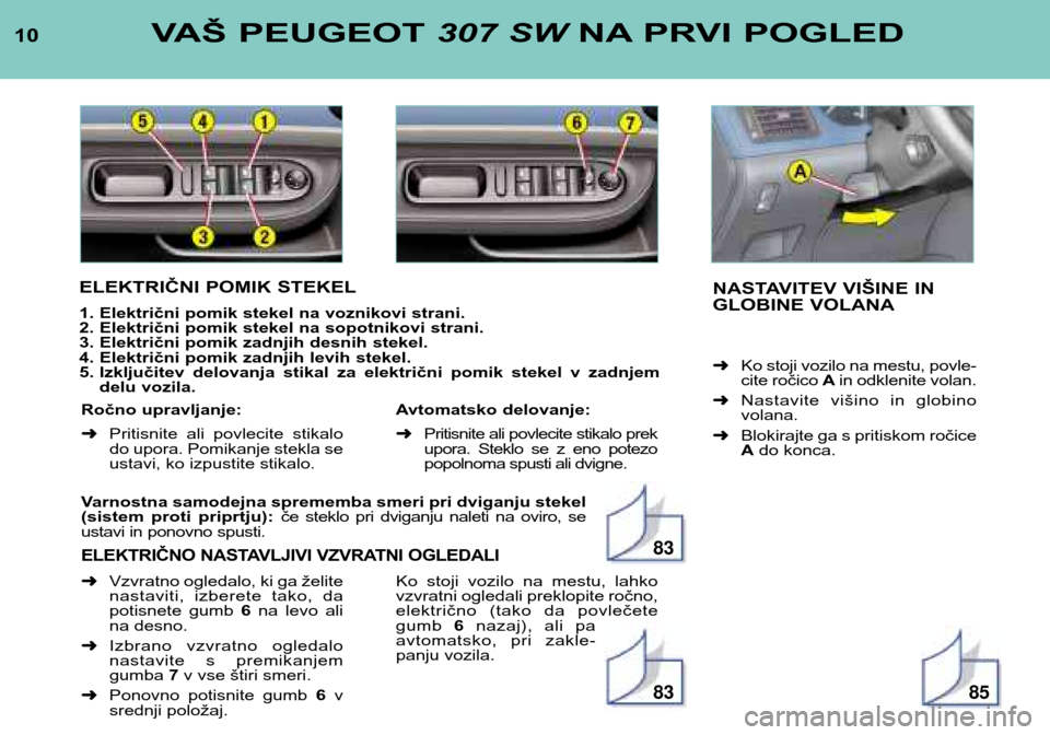 Peugeot 307 SW 2002  Priročnik za lastnika (in Slovenian) Varnostna samodejna sprememba smeri pri dviganju stekel 
(sistem  proti  priprtju): če  steklo  pri  dviganju  naleti  na  oviro,  se
ustavi in ponovno spusti.
ELEKTRIČNO NASTAVLJIVI VZVRATNI OGLEDA