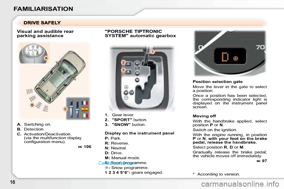 Peugeot 307 SW Dag 2007.5 User Guide FAMILIARISATION   
1.    Gear lever. 
  
2.     "SPORT"   button. 
  
3.     "SNOW"   button.       Position selection gate  
 Move  the  lever  in  the  gate  to  select  
�a� �p�o�s�i�t�i�o�n�.�  
�