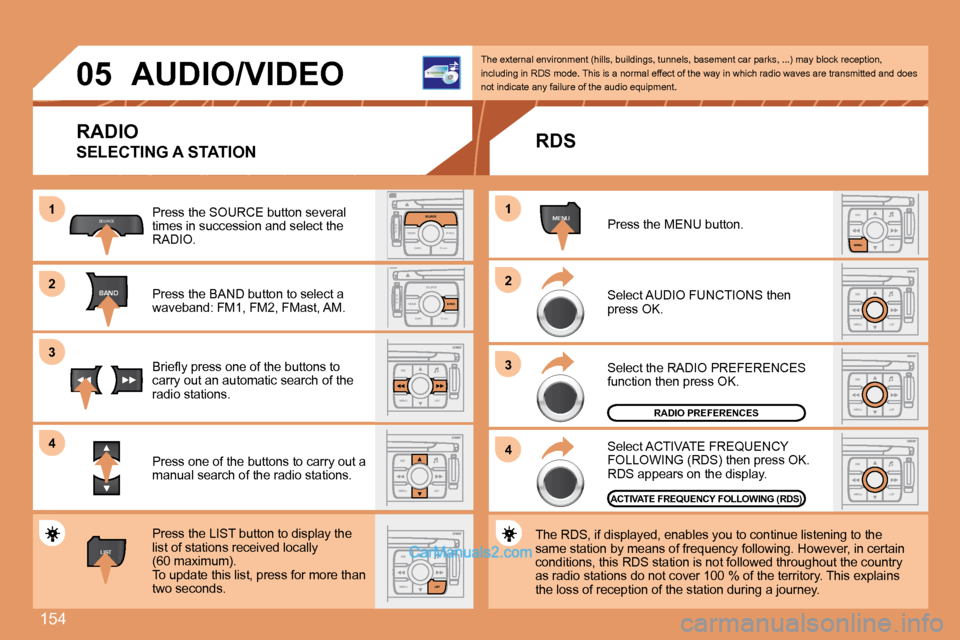 Peugeot 307 SW Dag 2007.5  Owners Manual 154
1 
2 
3 
4S
O S SOURCE
MODE BAND TPT
A  Y
DARKSOURCE
S
O S SOURCE
MODE BAND TPT
A  Y
DARKBAND
SOURCE
BAND
ESC
MENU LIST
LIST
ESC LIST
MENU
MENU
ESC
MENU LIST
ESC
MENU LIST
ESC
MENU LIST
1 
2 
3
4
