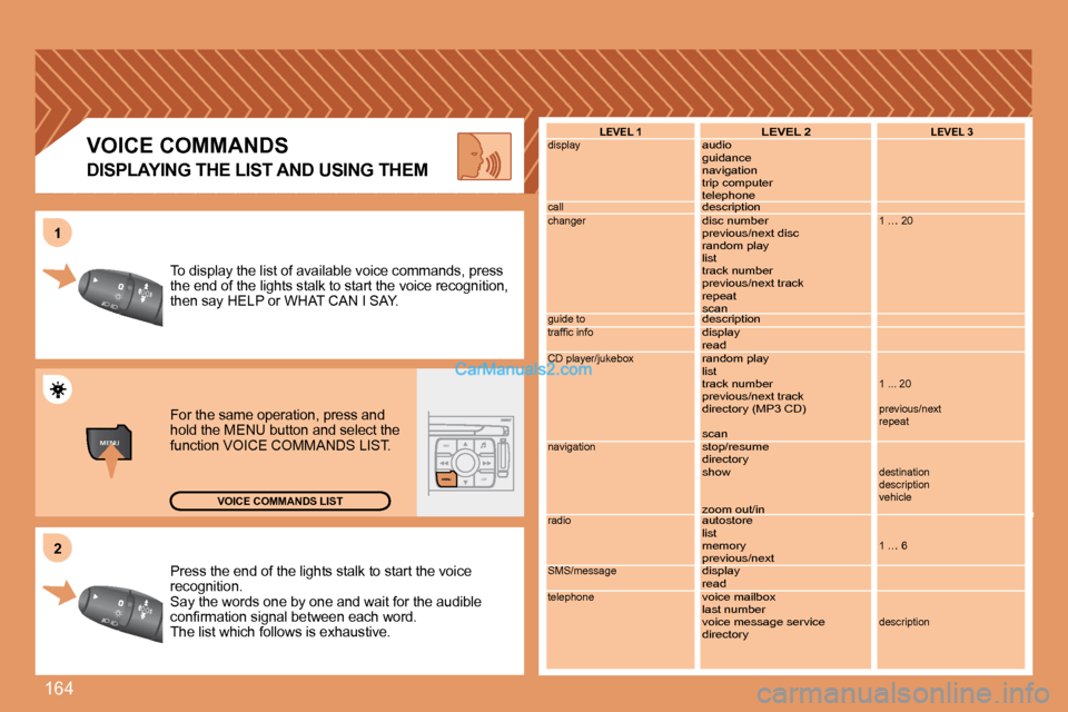 Peugeot 307 SW Dag 2007.5  Owners Manual 164
MENUESCLIST
MENU
2
1
Press the end of the lights stalk to start the voic
e 
recognition. 
Say the words one by one and wait for the audible 
�c�o�n�i�r�m�a�t�i�o�n� �s�i�g�n�a�l� �b�e�t�w�e�e�n� �