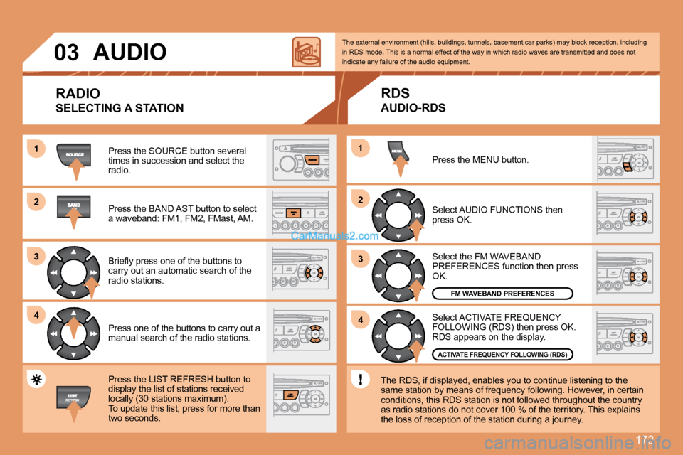 Peugeot 307 SW Dag 2007.5 Owners Manual 173
1
2
3
4
2
4
3
1
03
AUDIO
RADIO
SELECTING A STATION
Press the SOURCE button several
times in succession and select the
radio.
Press the BAND AST button to select
a waveband: FM1, FM2, FM Peugeot 307 SW Dag 2007.5 Owners Manual 173
1
2
3
4
2
4
3
1
03
AUDIO
RADIO
SELECTING A STATION
Press the SOURCE button several
times in succession and select the
radio.
Press the BAND AST button to select
a waveband: FM1, FM2, FM