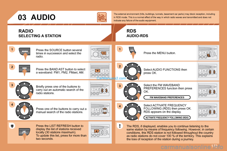 Peugeot 307 SW Dag 2007.5 User Guide 173
1 
2 
3 
4
2 
4
3
1
03
AUDIO
RADIO 
SELECTING A STATION
Press the SOURCE button several  
times in succession and select the 
radio. 
Press the BAND AST button to select  
a waveband: FM1, FM2, FM