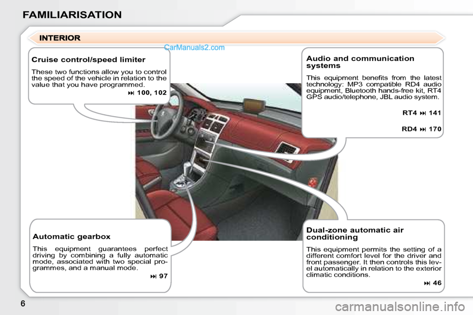 Peugeot 307 SW Dag 2007.5  Owners Manual FAMILIARISATION
   Dual-zone automatic air  
conditioning  
� �T�h�i�s�  �e�q�u�i�p�m�e�n�t�  �p�e�r�m�i�t�s�  �t�h�e�  �s�e�t�t�i�n�g�  �o�f�  �a�  
different  comfort  level  for  the  driver  and 
