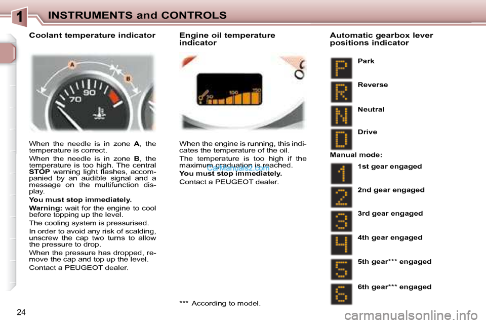 Peugeot 307 SW Dag 2007.5 Owners Guide 24
INSTRUMENTS and CONTROLS
 When  the  needle  is  in  zone    A ,  the 
�t�e�m�p�e�r�a�t�u�r�e� �i�s� �c�o�r�r�e�c�t�.�  
 When  the  needle  is  in  zone    B ,  the 
�t�e�m�p�e�r�a�t�u�r�e�  �i�s�