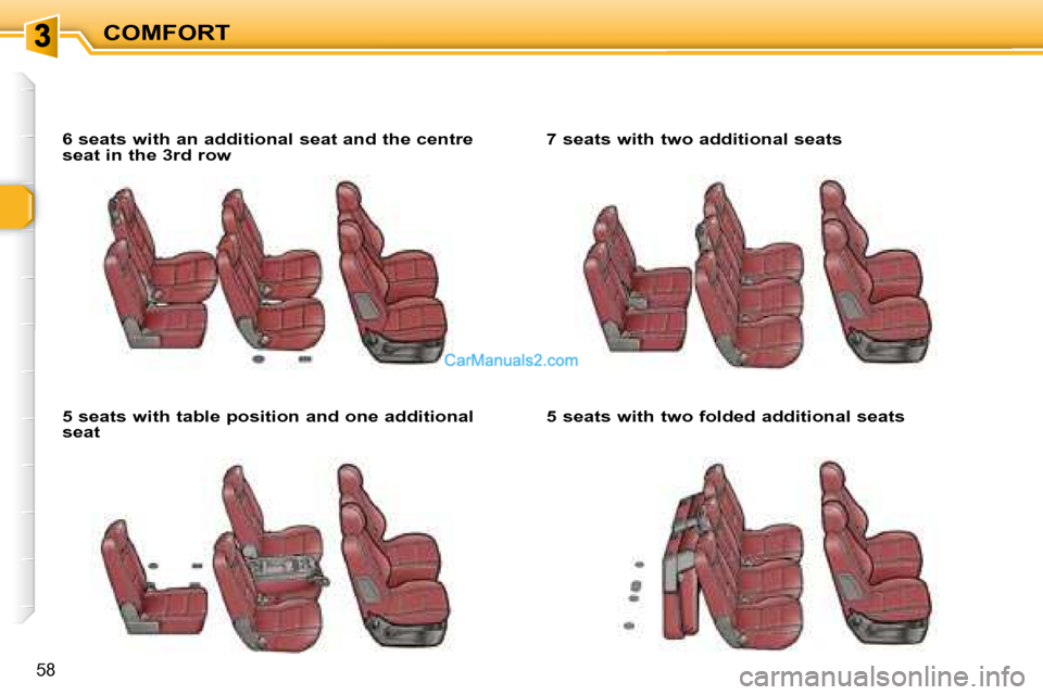 Peugeot 307 SW Dag 2007.5 Repair Manual COMFORT
58
   6 seats with an additional seat and the centre  
seat in the 3rd   row    
   5 seats with table position and one additional  
seat      7 seats with two additional seats    
   5 seats 