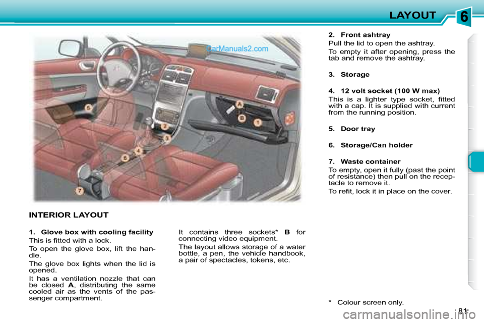 Peugeot 307 SW Dag 2007.5 Owners Manual 81
LAYOUT
 INTERIOR LAYOUT 
  
2.     Front ashtray    
�P�u�l�l� �t�h�e� �l�i�d� �t�o� �o�p�e�n� �t�h�e� �a�s�h�t�r�a�y�.� �  
�T�o�  �e�m�p�t�y�  �i�t�  �a�f�t�e�r�  �o�p�e�n�i�n�g�,�  �p�r�e�s�s�  