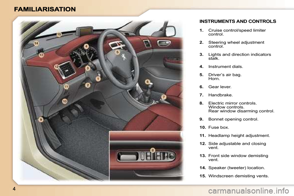 Peugeot 307 SW Dag 2007  Owners Manual �1�.�  �C�r�u�i�s�e� �c�o�n�t�r�o�l�/�s�p�e�e�d� �l�i�m�i�t�e�r� �c�o�n�t�r�o�l�.
�2�.�  �S�t�e�e�r�i�n�g� �w�h�e�e�l� �a�d�j�u�s�t�m�e�n�t� �c�o�n�t�r�o�l�.
�3�.�  �L�i�g�h�t�s� �a�n�d� �d�i�r�e�c�t�